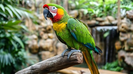 Obraz premium A stunningly vibrant green parrot with red and yellow accents perched on a wooden branch in a natural tropical setting