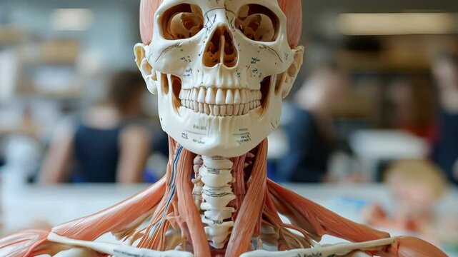 Anatomical model showcasing human skeleton and muscles for educational purposes.