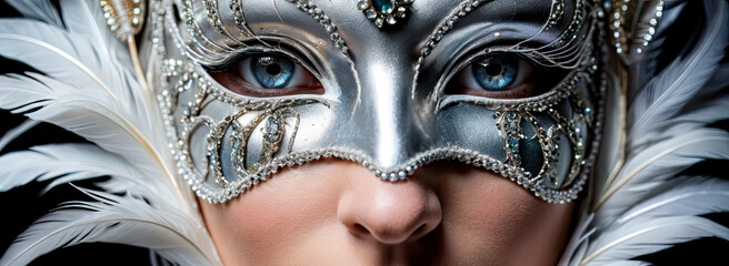Horizontal close-up photo of beautiful woman wearing silver carnival mask.