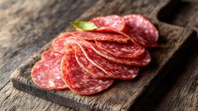 Freshly cut salami slices arranged on a clean cutting board, ready for serving or cooking