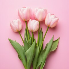Fototapeta premium Beautiful composition spring flowers. Bouquet of pink tulips flowers on pastel pink background