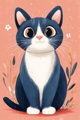 Obraz premium A blue and white cat, full-body portrait, simple shapes, flat illustration style, pink background