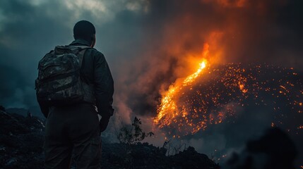Obraz premium A person gazes at a volcanic eruption, witnessing the power of nature's fury.