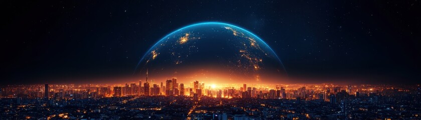 Fototapeta premium A vibrant, futuristic cityscape under a glowing blue planet, with a dramatic horizon illuminated by a warm, fiery glow.