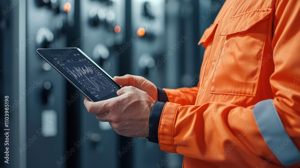Aufkleber a worker in an orange uniform uses a tablet to monitor equipment in a control room filled with power