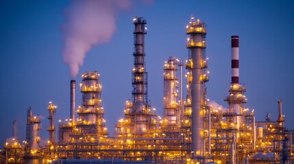 Obraz premium Industrial refinery at dusk with smoke and illuminated structures in the background
