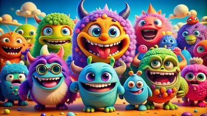 Fototapeta premium Whimsical Cartoon Monsters Smiling in a Colorful Environment for Playful Product Photography