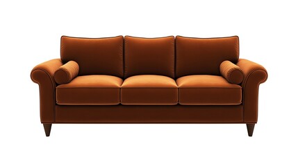 Fototapeta premium Sophisticated brown velvet sofa with rolled armrests image isolated transparent. Luxurious furniture cut out photo png. Traditional couch tapered legs cutout element object photography
