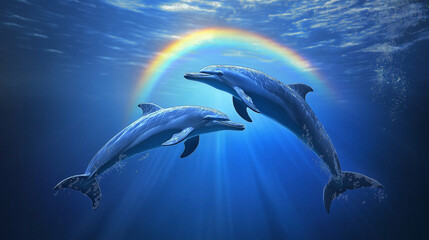 Naklejka premium A super landscape with two dolphins swimming together in a colorful sea water.