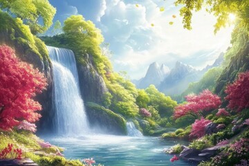 A Serene Landscape Featuring a Majestic Waterfall, Lush Greenery, and Vibrant Flora Under a Bright Sky