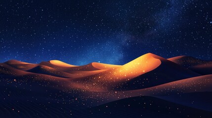 Milky Way and Orange light on desert sand dunes,Night colourful landscape with Starry sky,Beautiful Universe with Space background of galaxy.