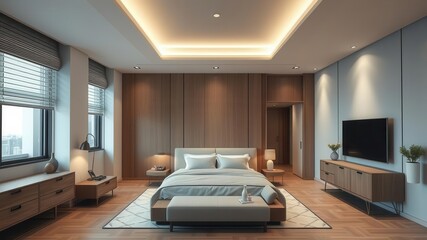 Modern minimalist bedroom interior with sleek furniture and efficient organization, modern, stylish, interior design