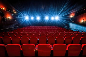 A darkened theater with red seats lit up by bright stage lights, ready for a performance
