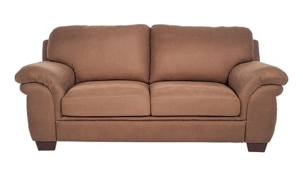 Fototapeta premium Plush brown fabric sofa with overstuffed arms image isolated transparent. Soft cushioned couch cut out photo png. Cozy home seating living room cutout element object photography