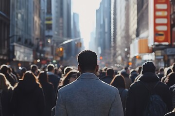 Sunlit City Street Anonymous Man in Dense Crowd