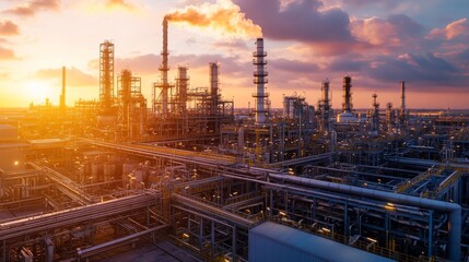 Obraz premium Industrial complex at sunset with smoke and structures against a colorful sky