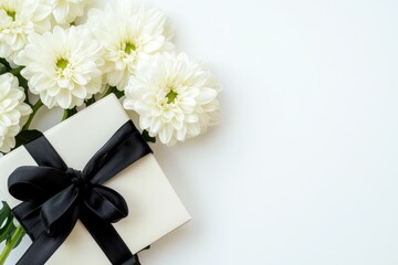 Elegant White Gift Box Tied with Black Ribbon Surrounded by Fresh White Chrysanthemum Flowers on Light Background for Celebrations and Special Occasions