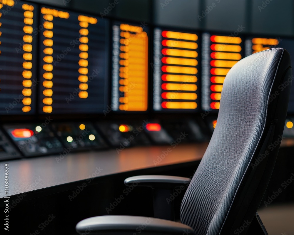 Aufkleber A sleek office chair in front of a high-tech control panel with illuminated screens displaying data and information.