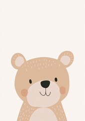 Fototapeta premium A cute bear head, flat illustration style, simple lines and shapes, white background, light brown color scheme, simple details, cute character design, and white space around