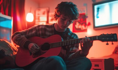 Obraz premium Teen playing guitar in cozy room at dusk