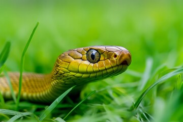 Fototapeta premium Close up of an indo chinese rat snake with vibrant green scales and intense eye contact in grass