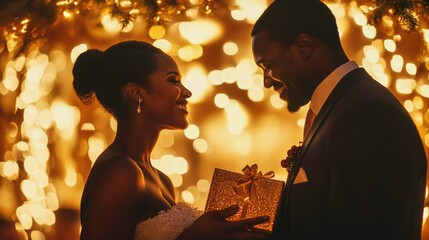 Couple in love exchanging gifts under warm golden lights in an intimate setting