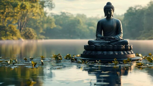 A serene Buddha statue sits on a lotus pedestal in a tranquil lake surrounded by nature.