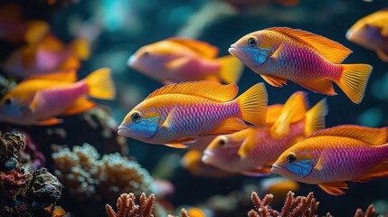 Fototapeta premium Here's a possible and keyword list for your image.. Vibrant orange reef fish schooling near coral.