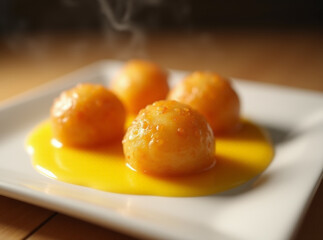 Churro Jamun Bites with Saffron Caramel, desserts foods fusion 