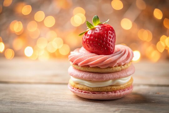 Whimsical Watercolor Heart-Shaped Strawberry Macaron with Whipped Cream for Valentine's Day Snack Clipart, Perfect for Romantic Celebrations and Sweet Treat Designs