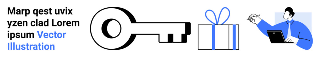 Large key, gift box with ribbon, person in business suit using laptop and writing. Ideal for concepts of security, access, presents, business, technology, online learning and professional