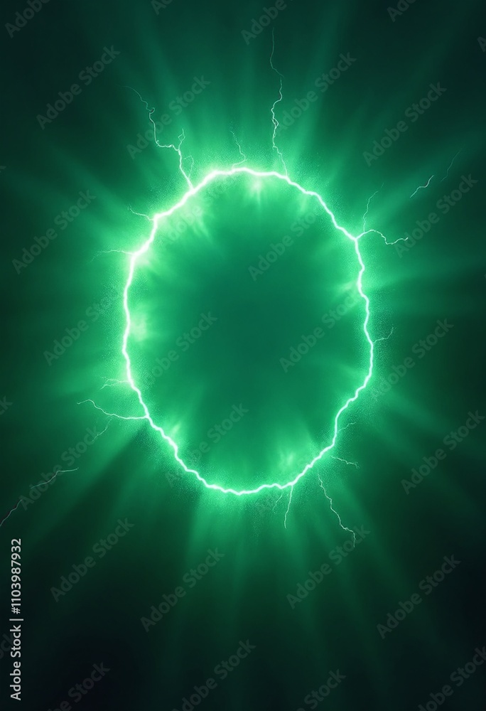Poster green abstract plasma lightning ring with glowing particles swirling in dark sky fantasy concept art