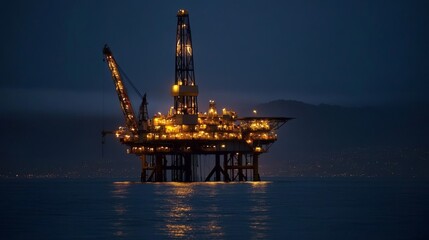 Obraz premium Oil rig illuminated at night in calm waters near the coastline