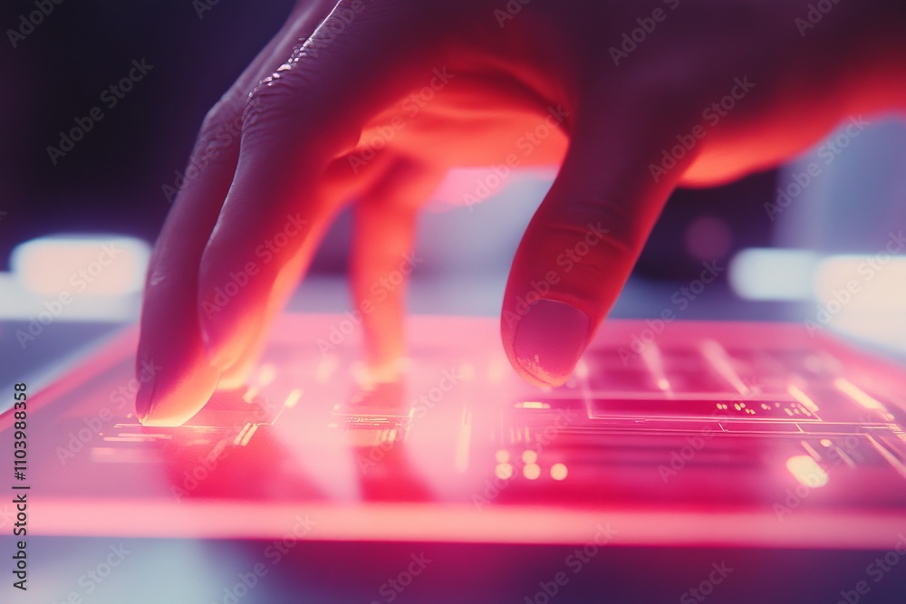 Poster futuristic hand interacting with a touchscreen display illuminated in neon red, showcasing modern te