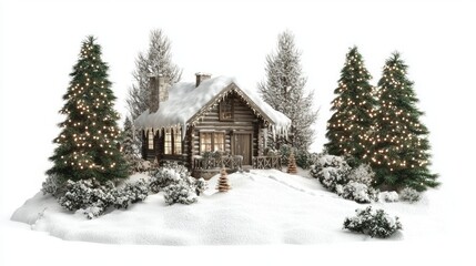 Naklejka premium Winter Wonderland: Cozy Cabin in Fresh Snow with Twinkling Lights - Ultra-Detailed 3D Render Illustration