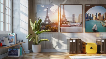 Three framed travel posters of Paris, France, and Dubai, UAE, hanging on a wall in a home office.