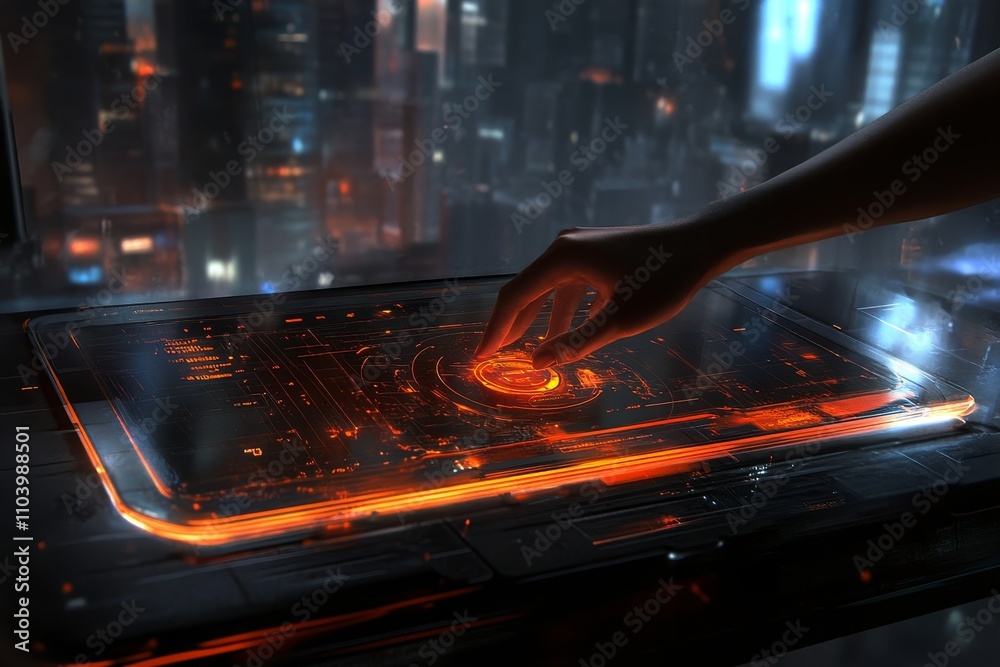 Poster futuristic hand interacting with high-tech control panel in sci-fi urban environment, emphasizing ad