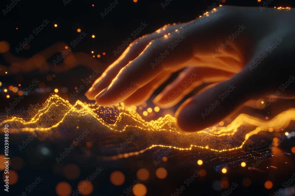 Poster futuristic hand interaction with digital graphs and data visualization, symbolizing technology and i
