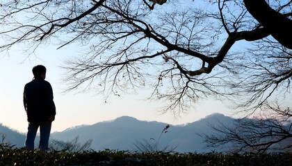 겨울철 나뭇잎이 없는 가지 아래 혼자 서 있는 사람의 실루엣