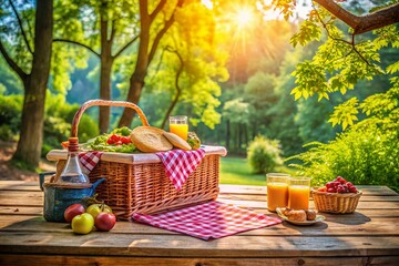Wicker Picnic Basket on a Rustic Picnic Table at a Scenic Campsite Surrounded by Lush Nature and Vibrant Greenery, Perfect for Outdoor Gatherings and Relaxation