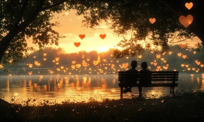 Romantic Sunset by the Lake with Heart Bokeh