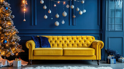 Elegant yellow sofa with Art Deco style complements festive decor in a cozy setting