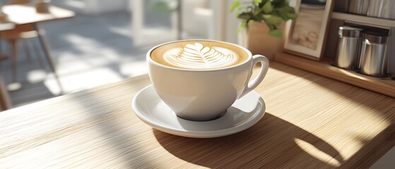 Fototapeta premium A beautifully crafted latte in a white cup on a wooden table, showcasing latte art.