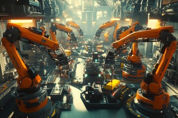 Futuristic Industrial Robotics Factory with Multiple Robotic Arms in a High-Tech Environment Featuring Advanced Manufacturing Equipment and Machinery