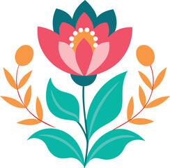 Stylized Floral Design, Folk Art, Pink Flower, Teal Leaves, Orange Buds