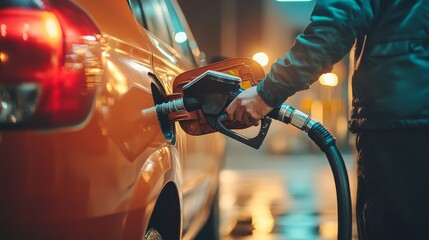 Naklejka premium Refueling a car at a gas station during nighttime in a city environment