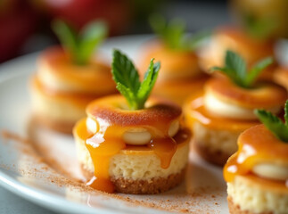 Apple Pie Cheesecake Bites with Calvados Caramel, desserts foods fusion 