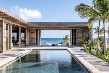 Fototapeta premium A modern coastal villa exterior with weathered wood details, ocean view.