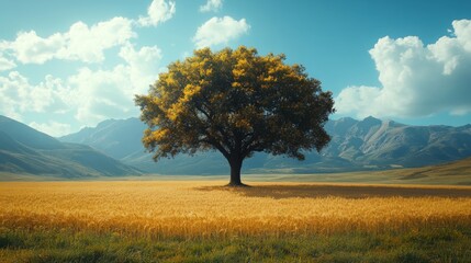 A single tree stands in the middle of an endless wheat field, with mountains and a blue sky behind it