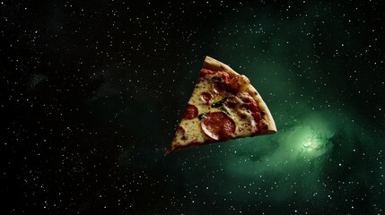 A slice of margherita pizza floating in space, ultra-detailed with perfect quality. the background is dark, featuring stars and a galaxy